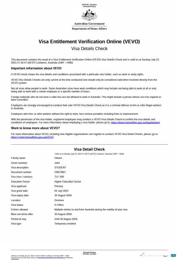 Download Australia visa entitlement verification online (VEVO) certificate 1 (1) Photoshop template